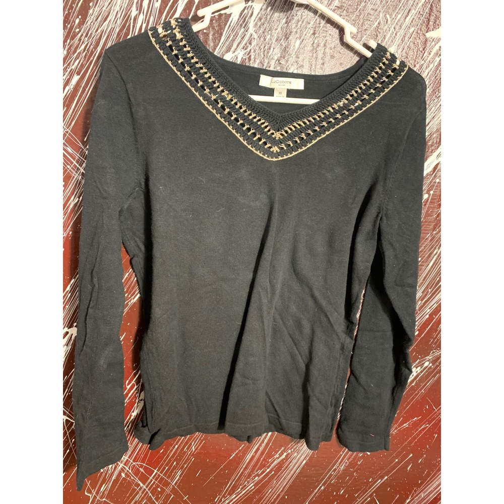 Liz Claiborne New York Black V-Neck Sweater Crochet Gold Metallic Trim Womens XS